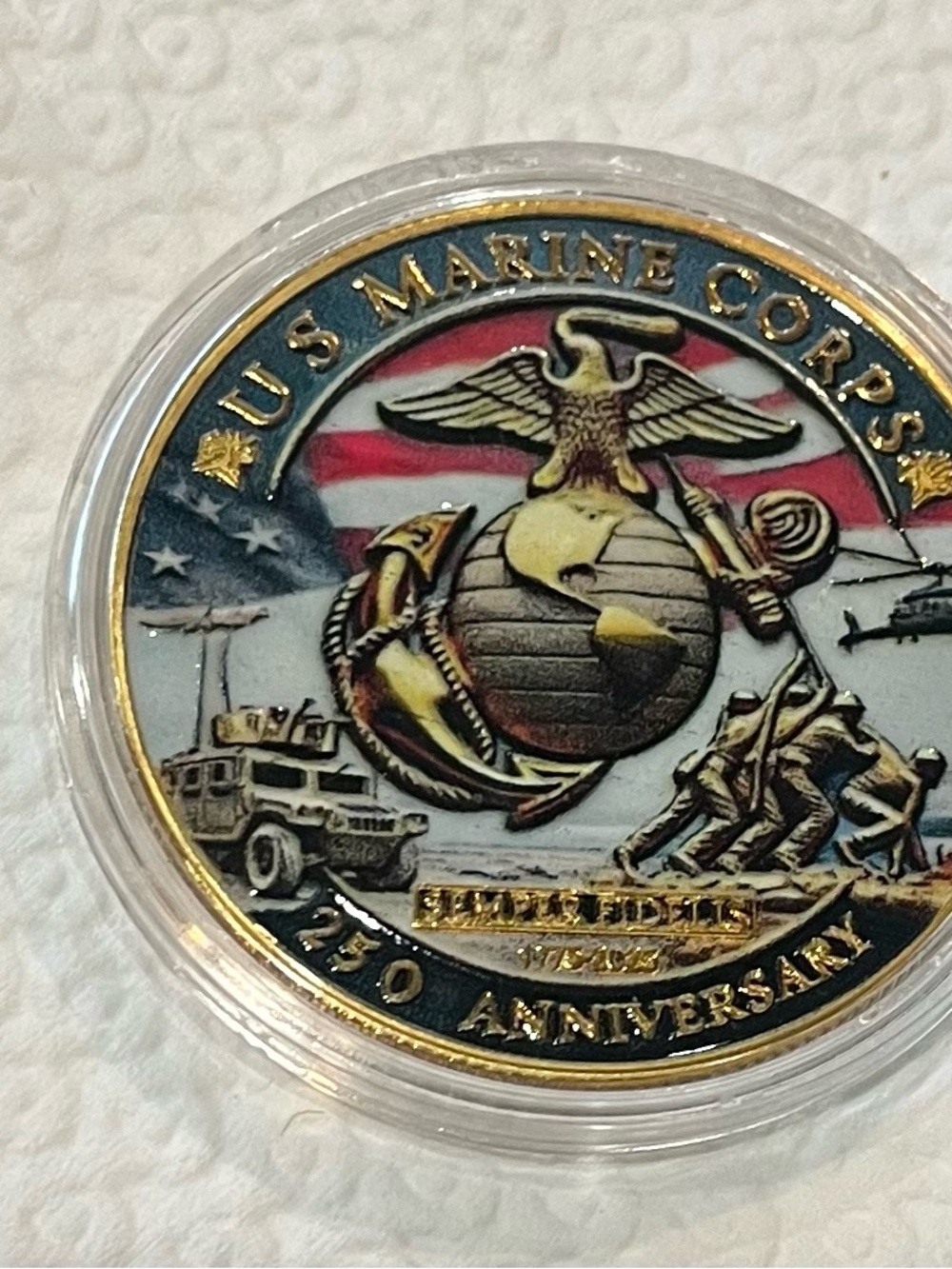 U.S. Marine Corps 250th Anniversary Challenge Coin - Red, Blue, Gold